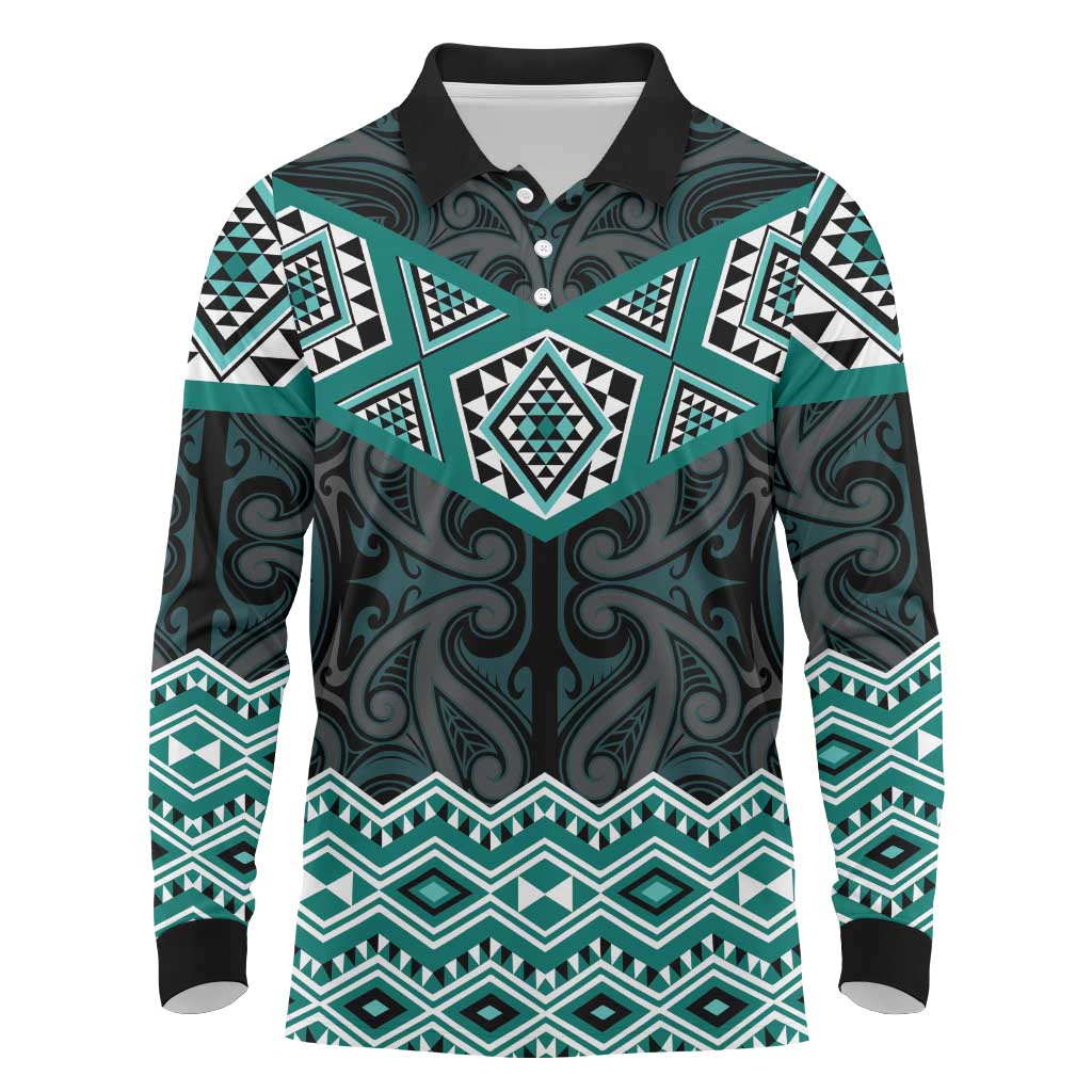 New Zealand Aotearoa Long Sleeve Polo Shirt Turquoise Taniko Art Maori Pattern LT05 Turquoise - Polynesian Pride