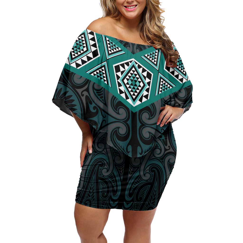 New Zealand Aotearoa Off Shoulder Short Dress Turquoise Taniko Art Maori Pattern LT05 Women Turquoise - Polynesian Pride