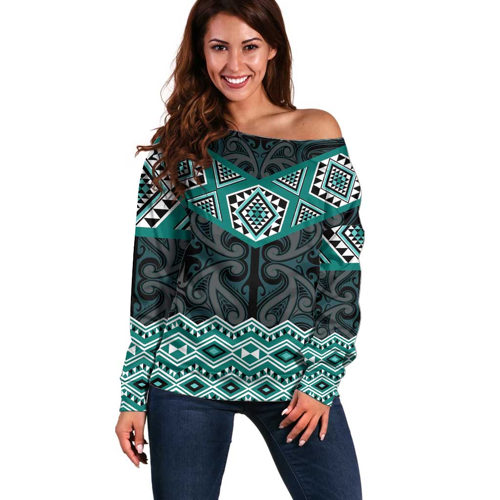 New Zealand Aotearoa Off Shoulder Sweater Turquoise Taniko Art Maori Pattern LT05 Women Turquoise - Polynesian Pride