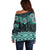 New Zealand Aotearoa Off Shoulder Sweater Turquoise Taniko Art Maori Pattern