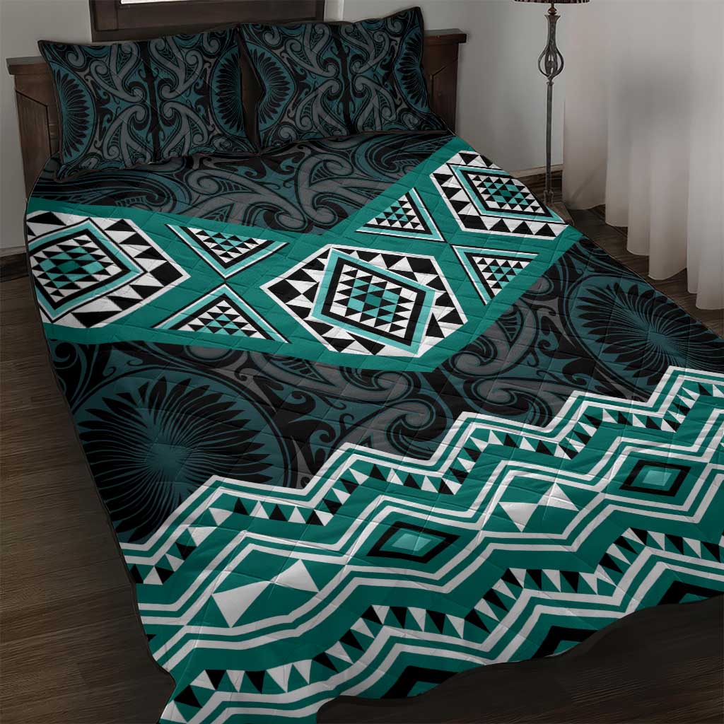 New Zealand Aotearoa Quilt Bed Set Turquoise Taniko Art Maori Pattern LT05 Turquoise - Polynesian Pride