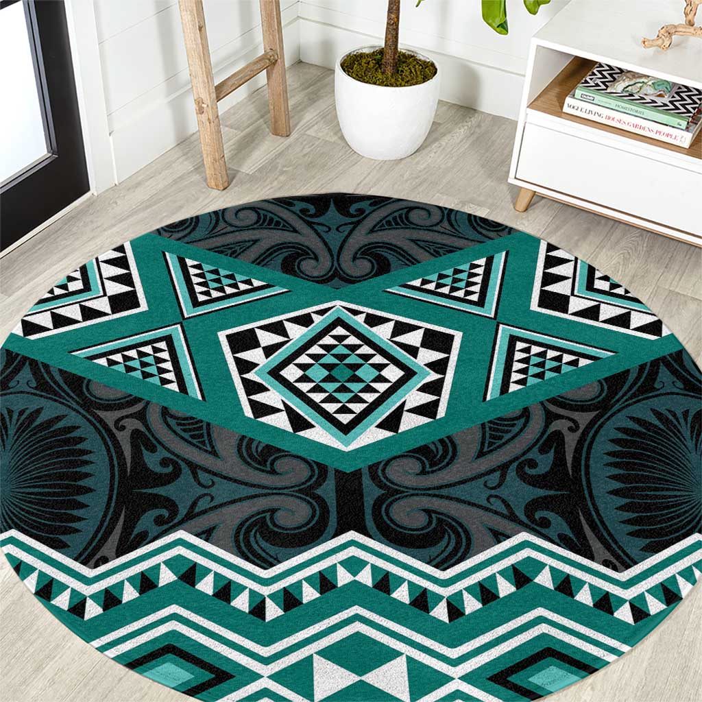 New Zealand Aotearoa Round Carpet Turquoise Taniko Art Maori Pattern LT05 Turquoise - Polynesian Pride