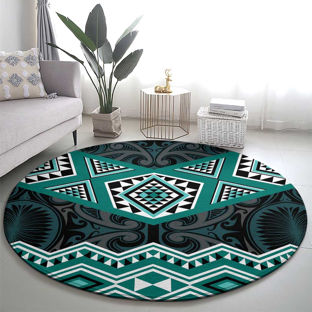 New Zealand Aotearoa Round Carpet Turquoise Taniko Art Maori Pattern LT05 - Polynesian Pride