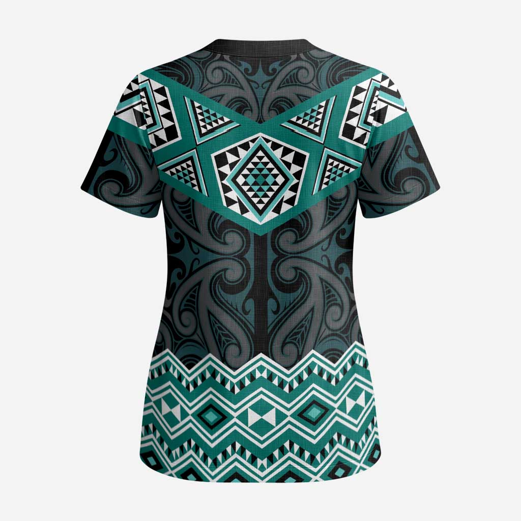 New Zealand Aotearoa Scrub Top Turquoise Taniko Art Maori Pattern LT05 - Polynesian Pride