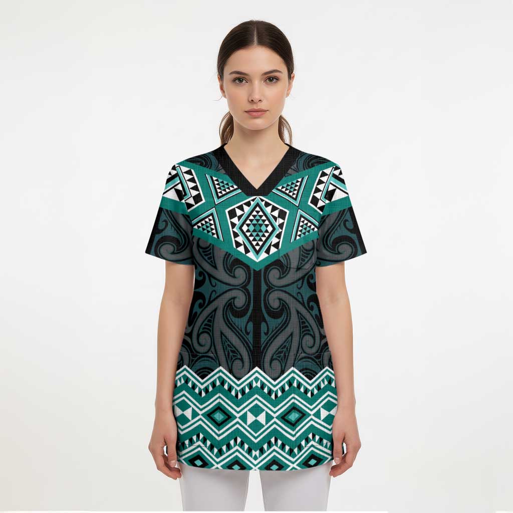 New Zealand Aotearoa Scrub Top Turquoise Taniko Art Maori Pattern LT05 - Polynesian Pride