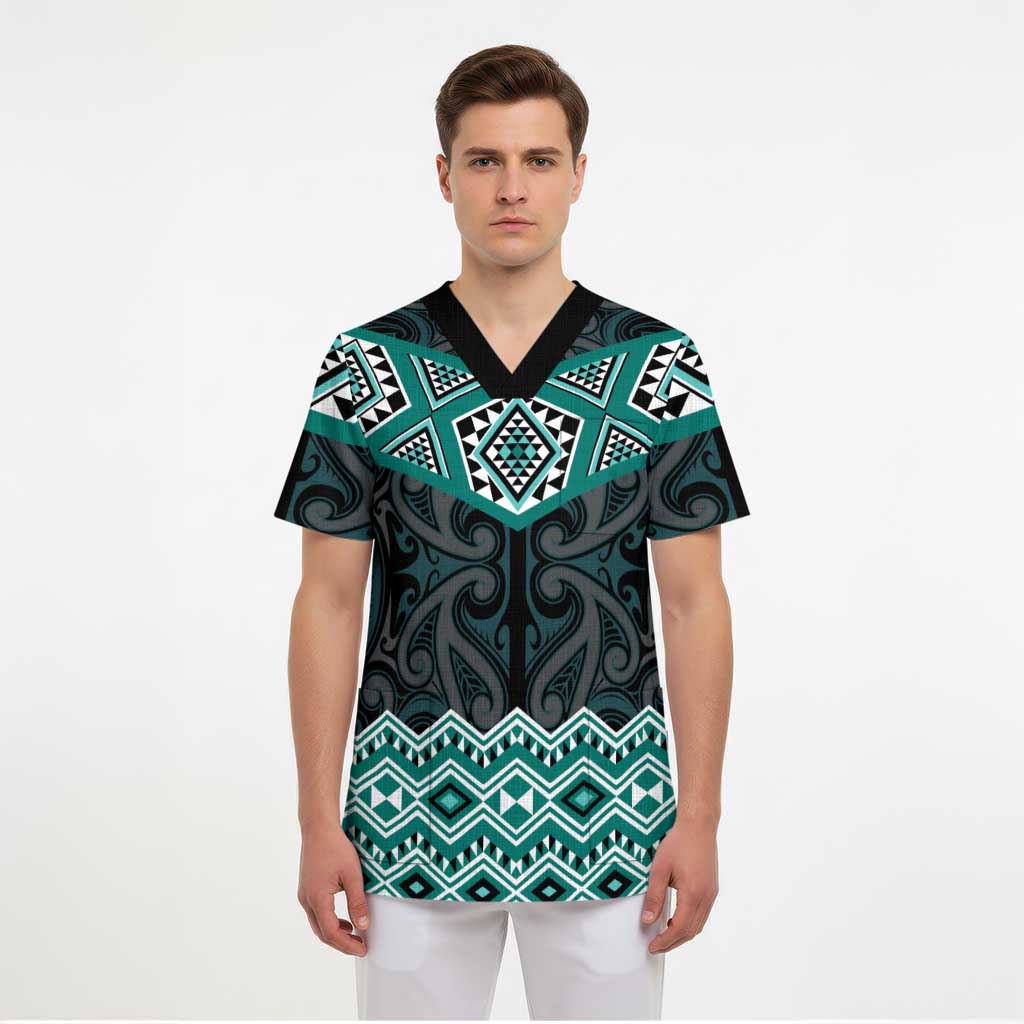 New Zealand Aotearoa Scrub Top Turquoise Taniko Art Maori Pattern LT05 - Polynesian Pride