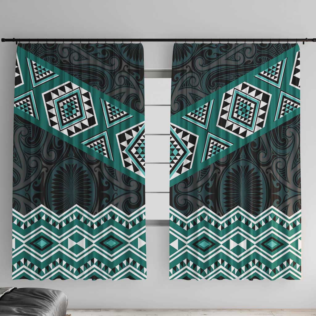 New Zealand Aotearoa Window Curtain Turquoise Taniko Art Maori Pattern LT05 With Hooks Turquoise - Polynesian Pride
