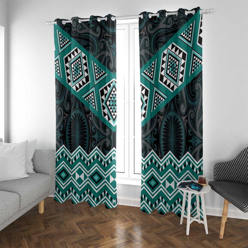 New Zealand Aotearoa Window Curtain Turquoise Taniko Art Maori Pattern LT05 With Grommets Turquoise - Polynesian Pride