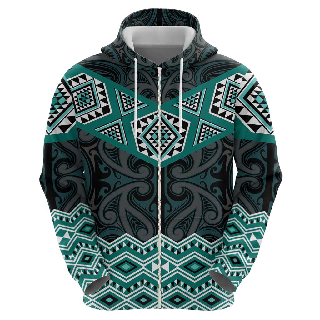 New Zealand Aotearoa Zip Hoodie Turquoise Taniko Art Maori Pattern LT05 - Polynesian Pride