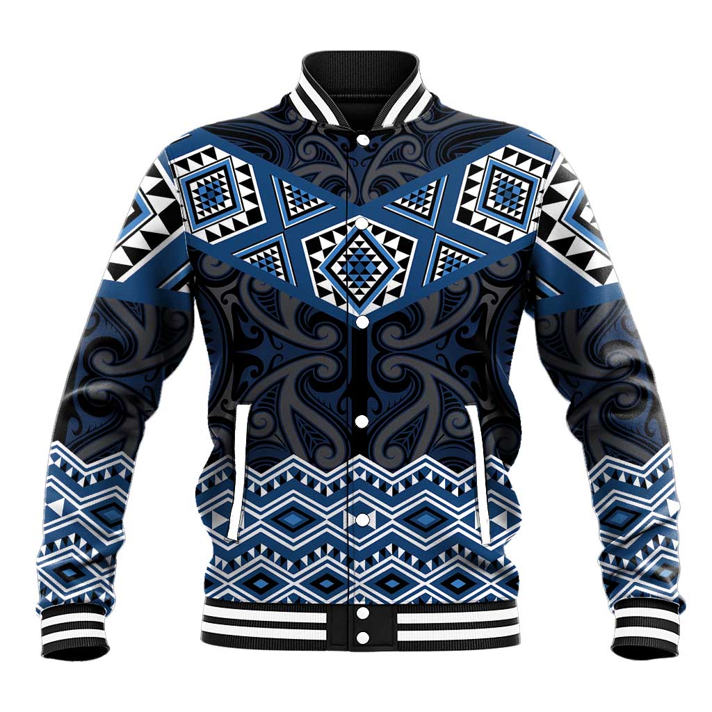 New Zealand Aotearoa Baseball Jacket Blue Taniko Art Maori Pattern LT05 Unisex Blue - Polynesian Pride