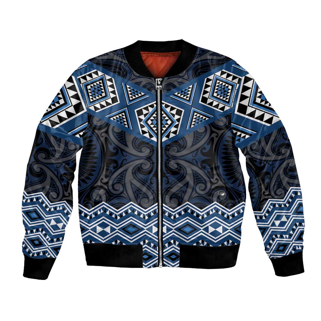 New Zealand Aotearoa Bomber Jacket Blue Taniko Art Maori Pattern LT05 Unisex Blue - Polynesian Pride