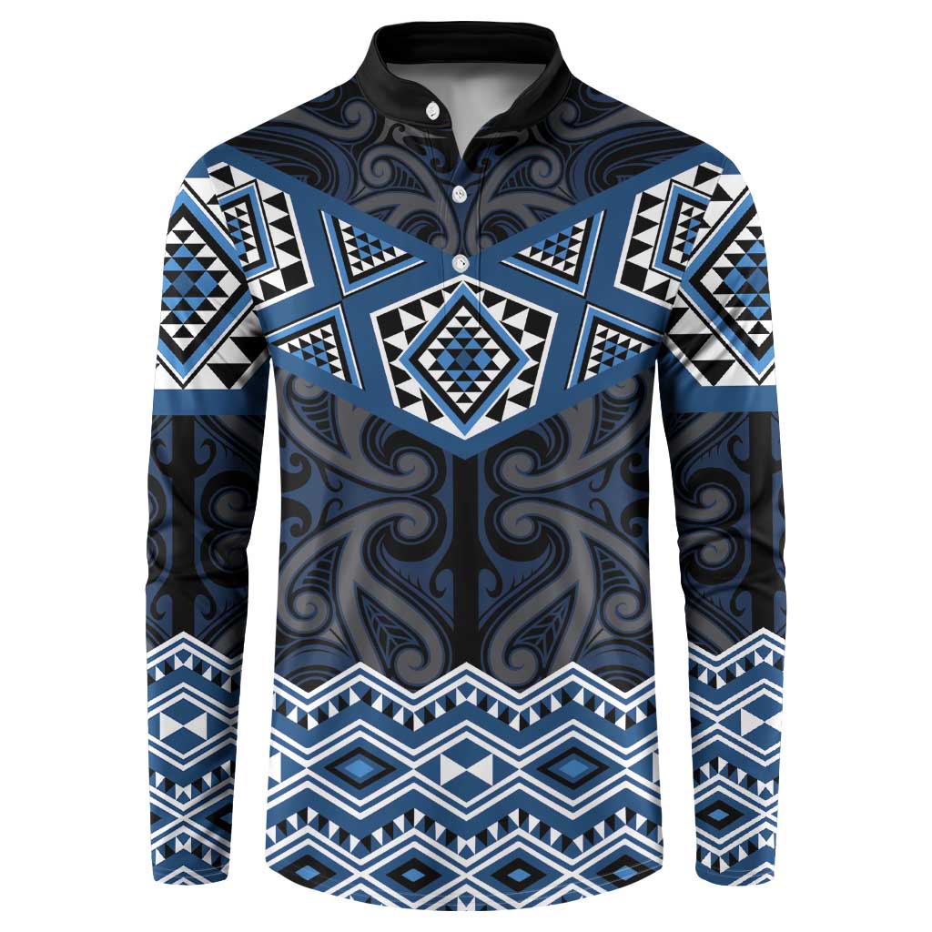 New Zealand Aotearoa Button Sweatshirt Blue Taniko Art Maori Pattern LT05 Blue - Polynesian Pride
