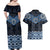 New Zealand Aotearoa Couples Matching Off Shoulder Maxi Dress and Hawaiian Shirt Blue Taniko Art Maori Pattern