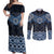 New Zealand Aotearoa Couples Matching Off Shoulder Maxi Dress and Long Sleeve Button Shirt Blue Taniko Art Maori Pattern