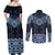 New Zealand Aotearoa Couples Matching Off Shoulder Maxi Dress and Long Sleeve Button Shirt Blue Taniko Art Maori Pattern