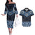 New Zealand Aotearoa Couples Matching Off The Shoulder Long Sleeve Dress and Hawaiian Shirt Blue Taniko Art Maori Pattern