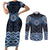 New Zealand Aotearoa Couples Matching Short Sleeve Bodycon Dress and Long Sleeve Button Shirt Blue Taniko Art Maori Pattern