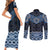 New Zealand Aotearoa Couples Matching Short Sleeve Bodycon Dress and Long Sleeve Button Shirt Blue Taniko Art Maori Pattern