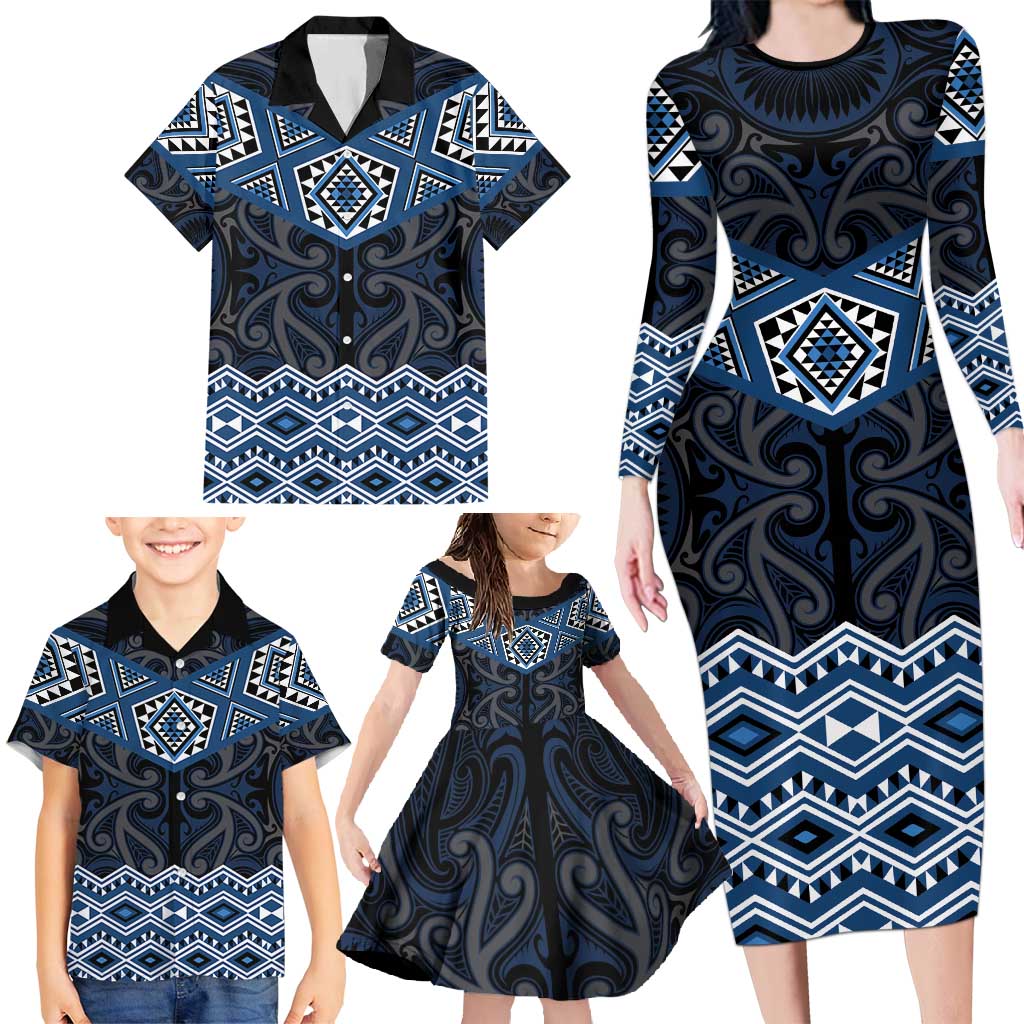 New Zealand Aotearoa Family Matching Long Sleeve Bodycon Dress and Hawaiian Shirt Blue Taniko Art Maori Pattern