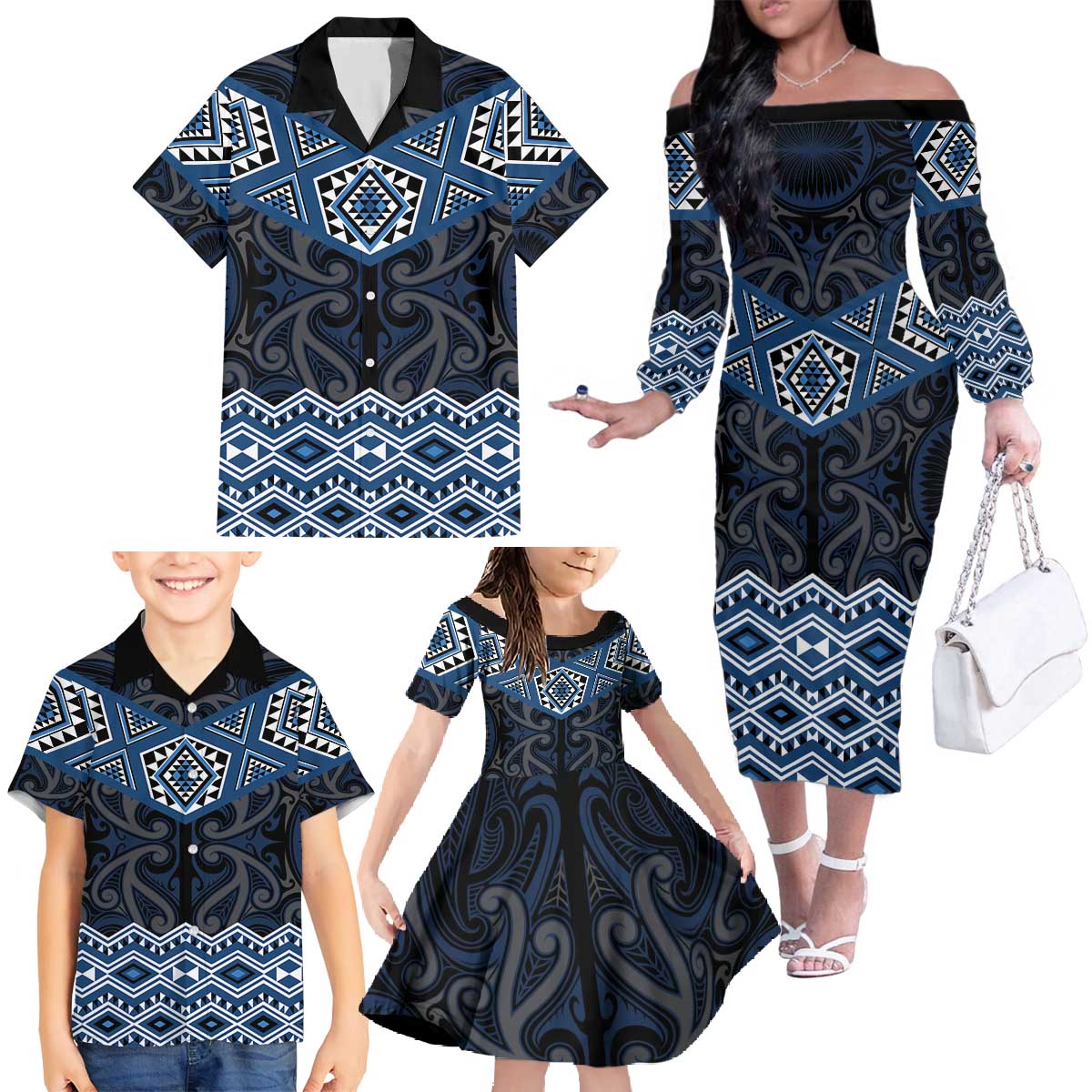 New Zealand Aotearoa Family Matching Off The Shoulder Long Sleeve Dress and Hawaiian Shirt Blue Taniko Art Maori Pattern