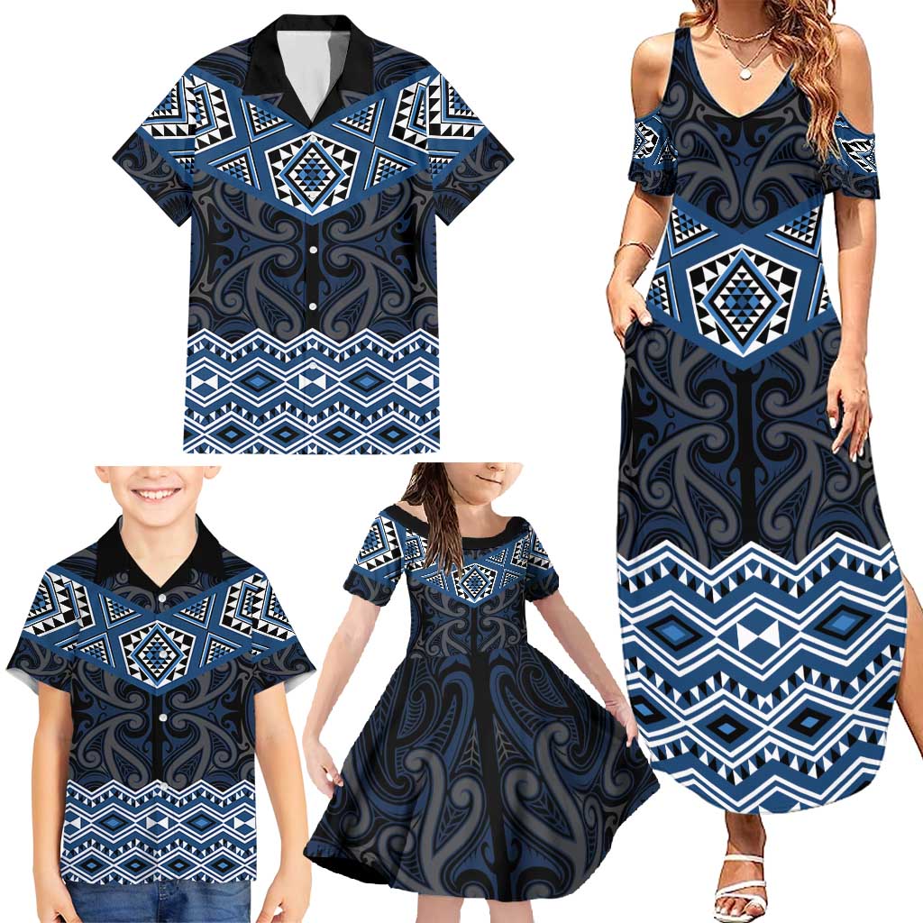 New Zealand Aotearoa Family Matching Summer Maxi Dress and Hawaiian Shirt Blue Taniko Art Maori Pattern