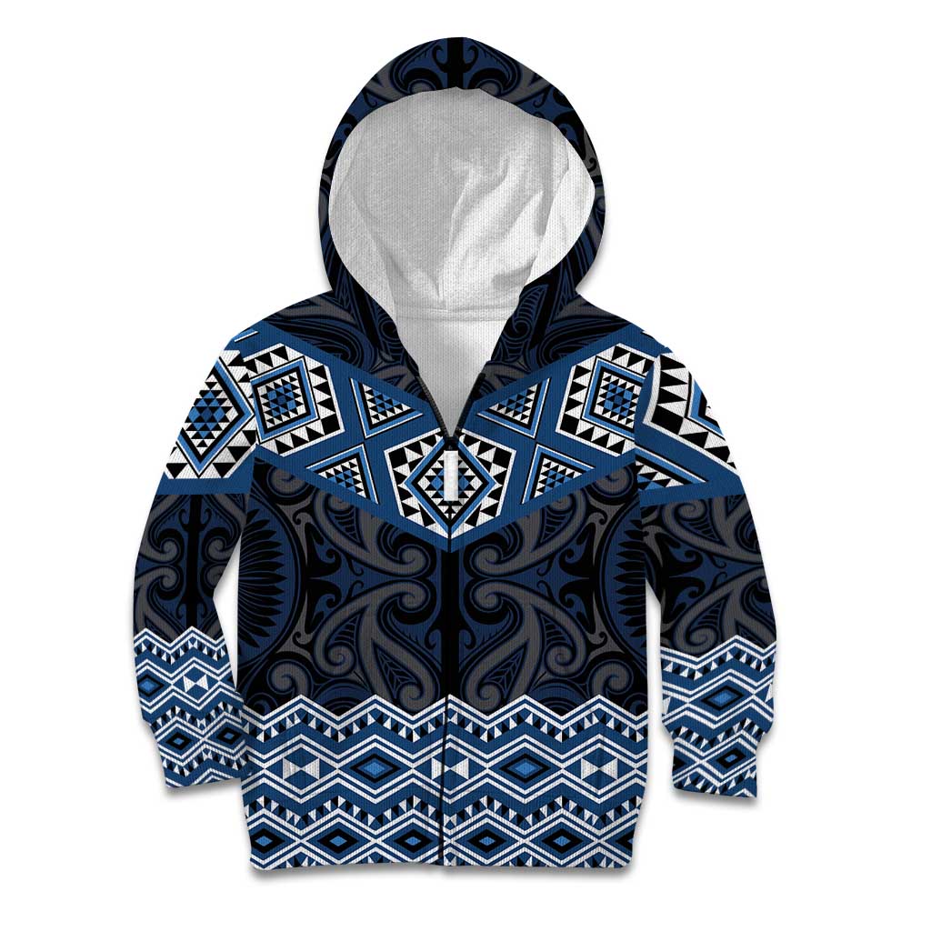 New Zealand Aotearoa Kid Hoodie Blue Taniko Art Maori Pattern LT05 Zip Hoodie Blue - Polynesian Pride