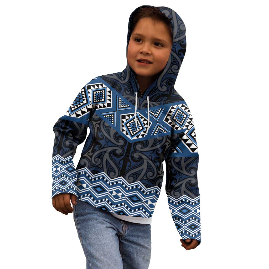 New Zealand Aotearoa Kid Hoodie Blue Taniko Art Maori Pattern LT05 - Polynesian Pride