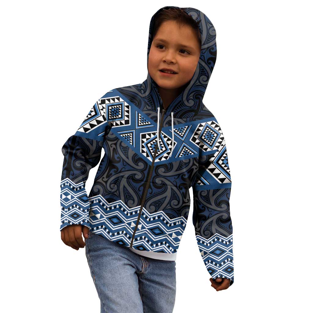 New Zealand Aotearoa Kid Hoodie Blue Taniko Art Maori Pattern LT05 - Polynesian Pride