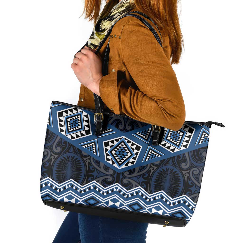 New Zealand Aotearoa Leather Tote Bag Blue Taniko Art Maori Pattern LT05 Blue - Polynesian Pride