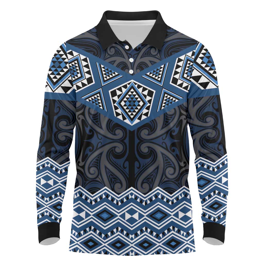 New Zealand Aotearoa Long Sleeve Polo Shirt Blue Taniko Art Maori Pattern LT05 Blue - Polynesian Pride