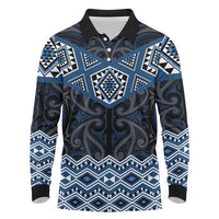 New Zealand Aotearoa Long Sleeve Polo Shirt Blue Taniko Art Maori Pattern LT05 Blue - Polynesian Pride