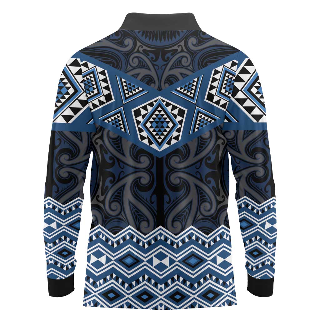 New Zealand Aotearoa Long Sleeve Polo Shirt Blue Taniko Art Maori Pattern LT05 - Polynesian Pride