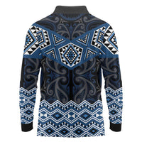 New Zealand Aotearoa Long Sleeve Polo Shirt Blue Taniko Art Maori Pattern LT05 - Polynesian Pride