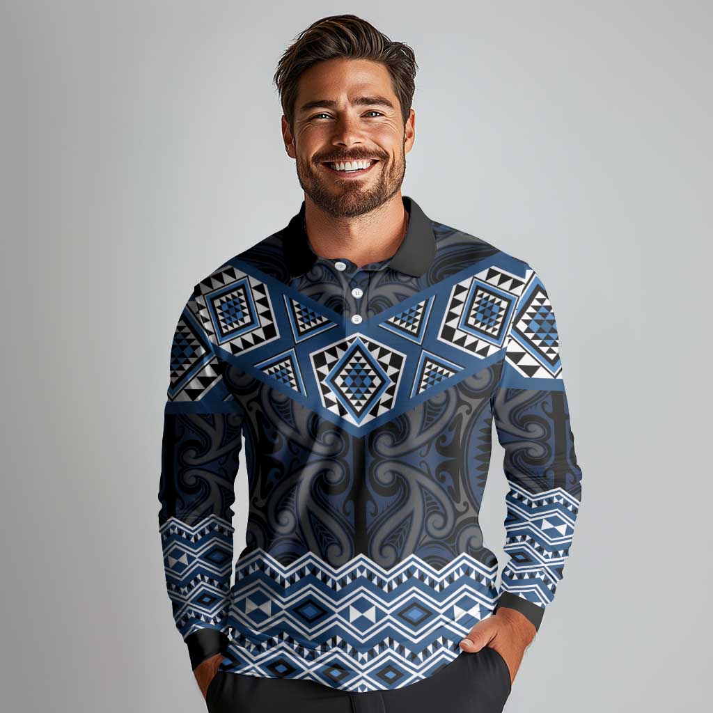 New Zealand Aotearoa Long Sleeve Polo Shirt Blue Taniko Art Maori Pattern LT05 - Polynesian Pride