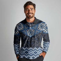 New Zealand Aotearoa Long Sleeve Polo Shirt Blue Taniko Art Maori Pattern LT05 - Polynesian Pride