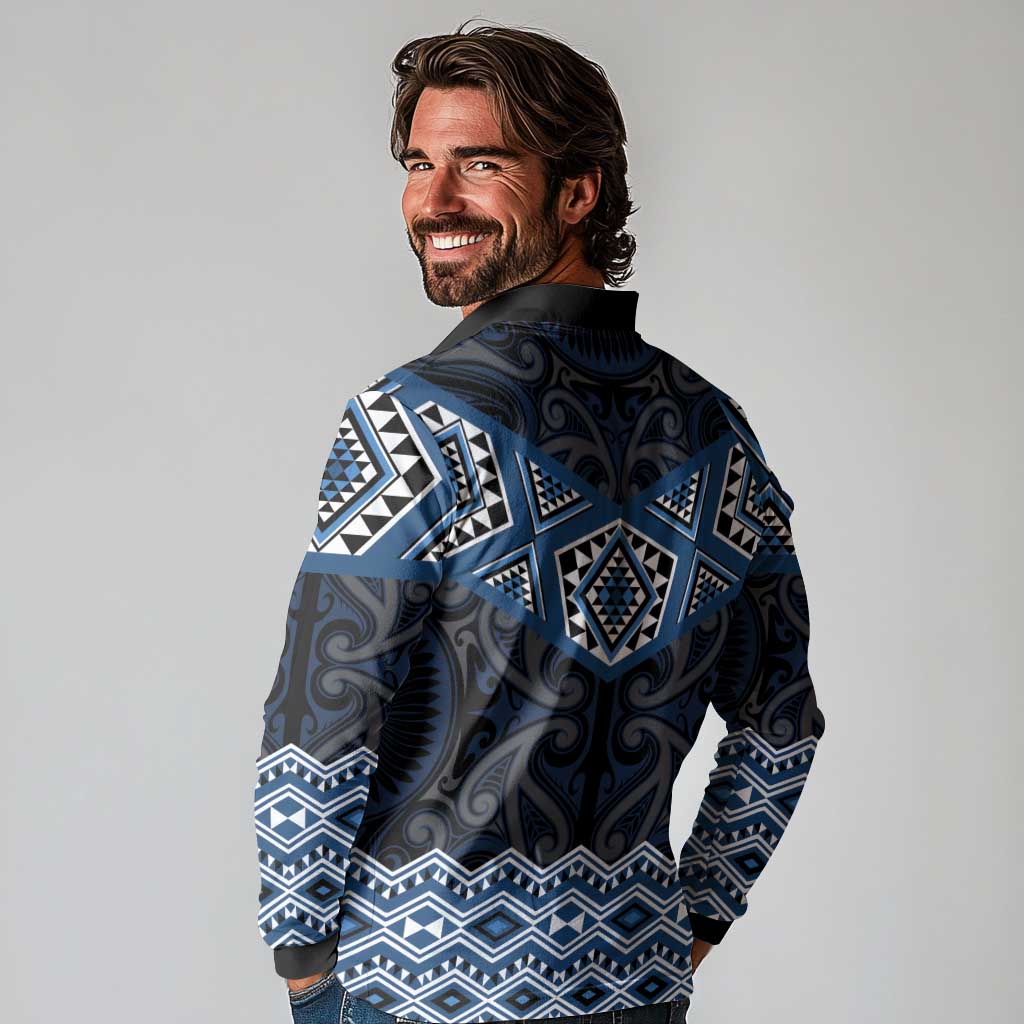 New Zealand Aotearoa Long Sleeve Polo Shirt Blue Taniko Art Maori Pattern LT05 - Polynesian Pride