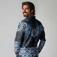 New Zealand Aotearoa Long Sleeve Polo Shirt Blue Taniko Art Maori Pattern LT05 - Polynesian Pride