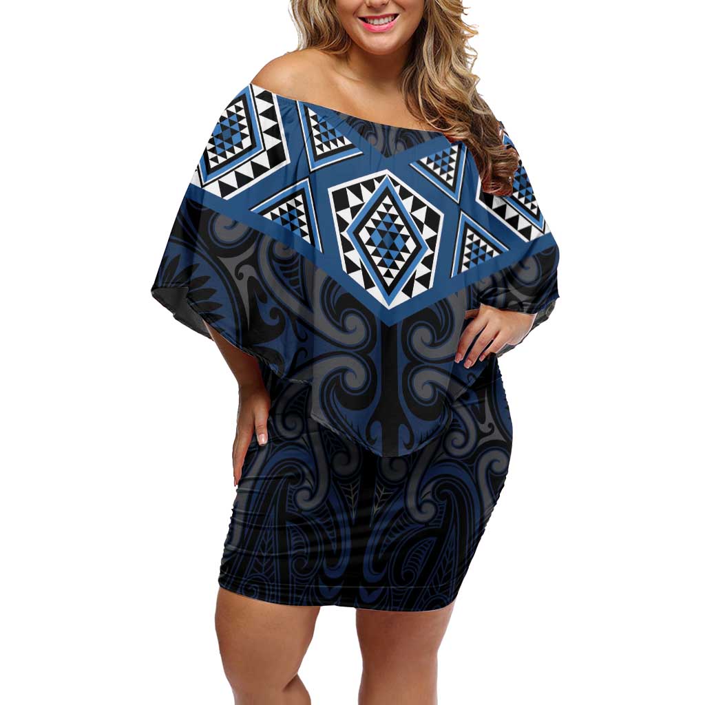 New Zealand Aotearoa Off Shoulder Short Dress Blue Taniko Art Maori Pattern LT05 Women Blue - Polynesian Pride