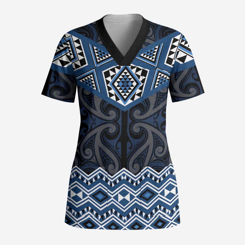 New Zealand Aotearoa Scrub Top Blue Taniko Art Maori Pattern LT05 Adult Blue - Polynesian Pride