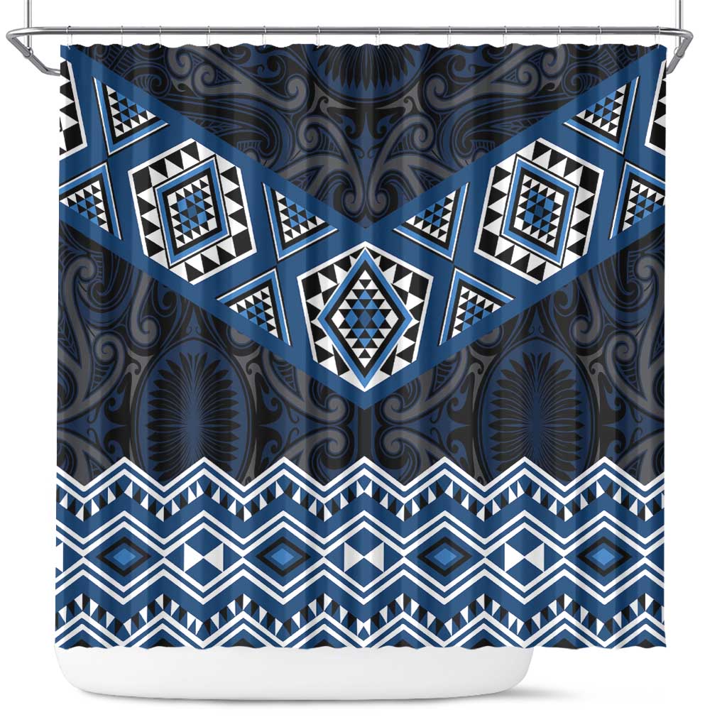 New Zealand Aotearoa Shower Curtain Blue Taniko Art Maori Pattern LT05 Blue - Polynesian Pride