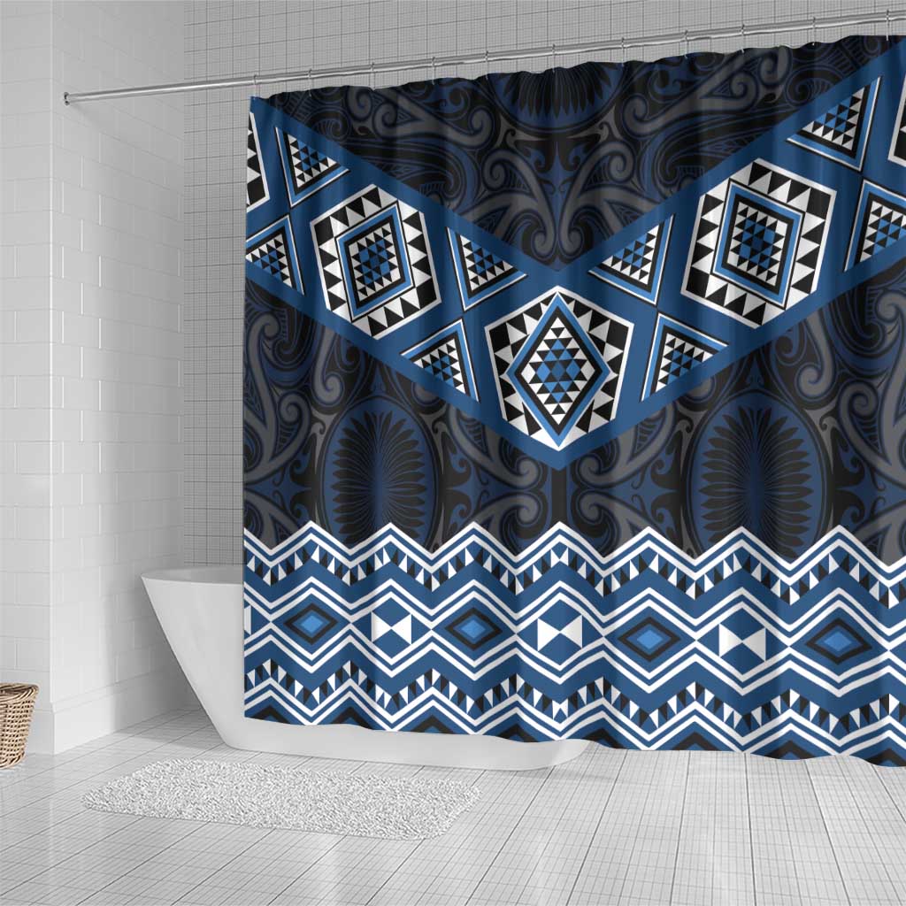 New Zealand Aotearoa Shower Curtain Blue Taniko Art Maori Pattern LT05 - Polynesian Pride