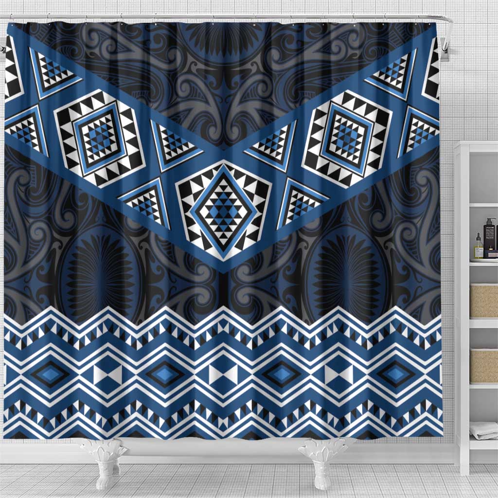New Zealand Aotearoa Shower Curtain Blue Taniko Art Maori Pattern LT05 - Polynesian Pride