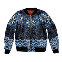 New Zealand Aotearoa Sleeve Zip Bomber Jacket Blue Taniko Art Maori Pattern LT05 Unisex Blue - Polynesian Pride