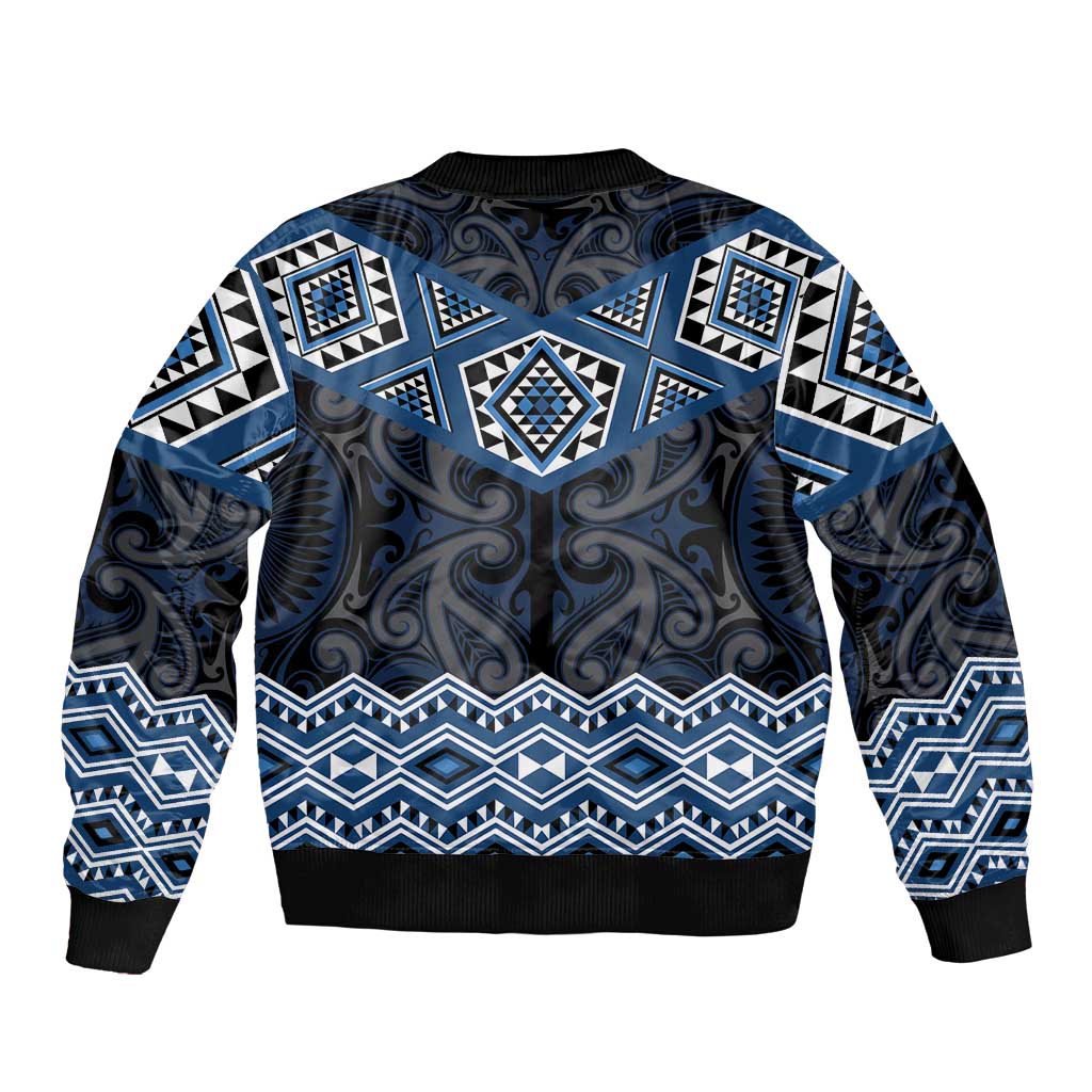 New Zealand Aotearoa Sleeve Zip Bomber Jacket Blue Taniko Art Maori Pattern LT05 - Polynesian Pride
