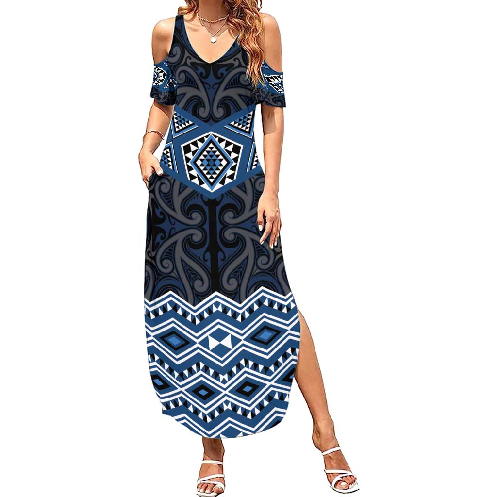 New Zealand Aotearoa Summer Maxi Dress Blue Taniko Art Maori Pattern LT05 Women Blue - Polynesian Pride