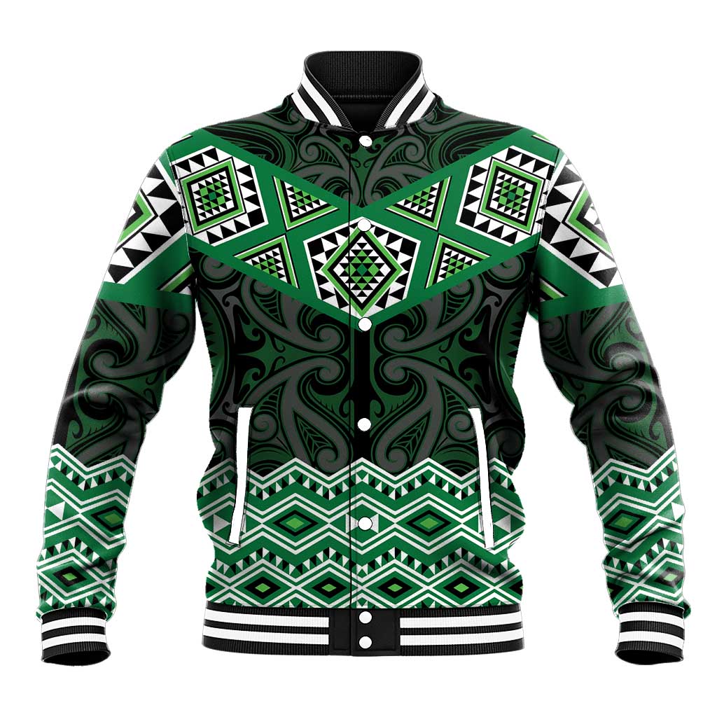 New Zealand Aotearoa Baseball Jacket Green Taniko Art Maori Pattern LT05 Unisex Green - Polynesian Pride