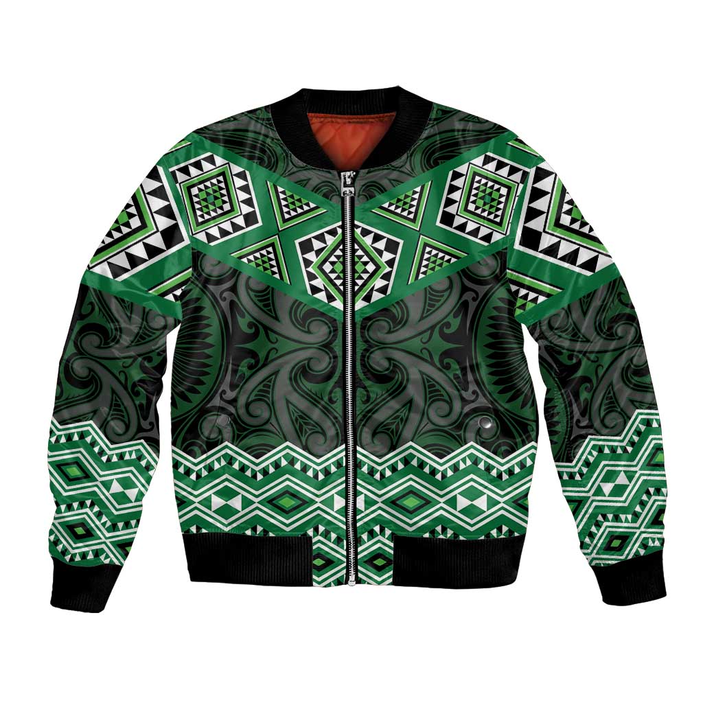 New Zealand Aotearoa Bomber Jacket Green Taniko Art Maori Pattern LT05 Unisex Green - Polynesian Pride