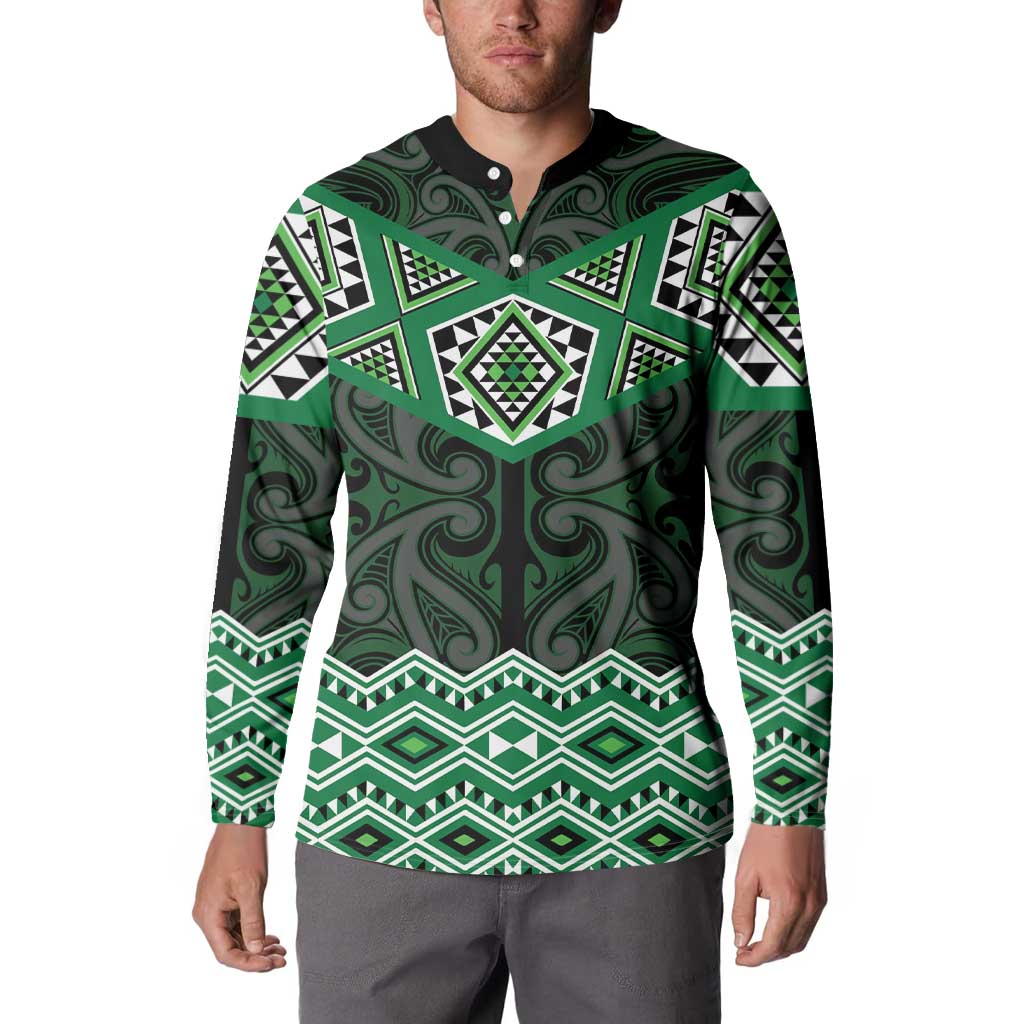 New Zealand Aotearoa Button Sweatshirt Green Taniko Art Maori Pattern LT05 - Polynesian Pride