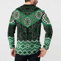 New Zealand Aotearoa Button Sweatshirt Green Taniko Art Maori Pattern LT05 - Polynesian Pride