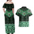 New Zealand Aotearoa Couples Matching Off Shoulder Maxi Dress and Hawaiian Shirt Green Taniko Art Maori Pattern